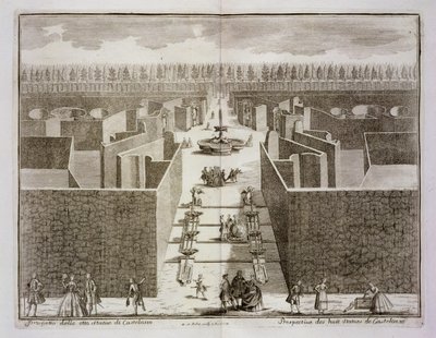 Uitzicht op de acht standbeelden van Castellazzo in het doolhof, uit 